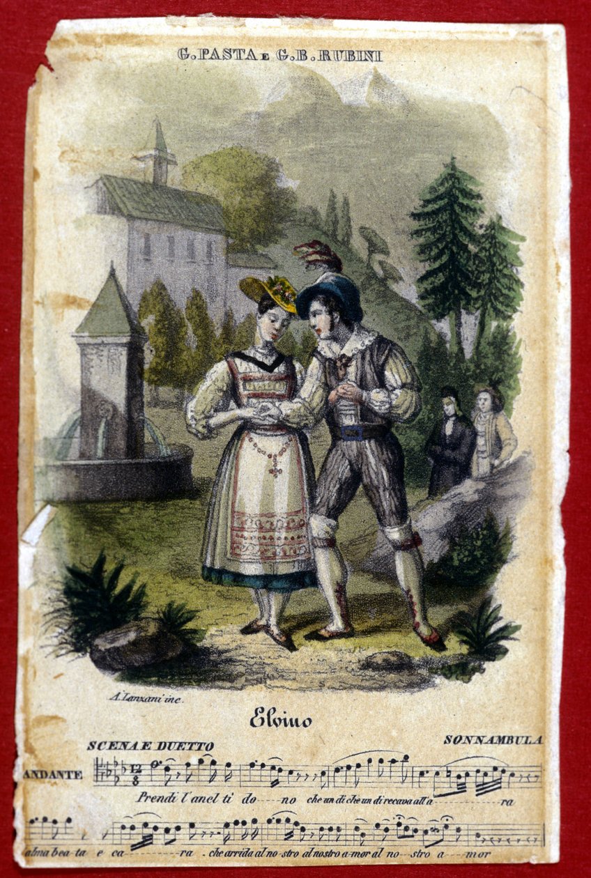 Duo mellan Giuditta Pasta och Gian Battista Rubini i operan "La somnambule" "("La Sonnambula") av Vincenzo Bellini. Teatern Carcano i Milano. 1831. av Unknown artist