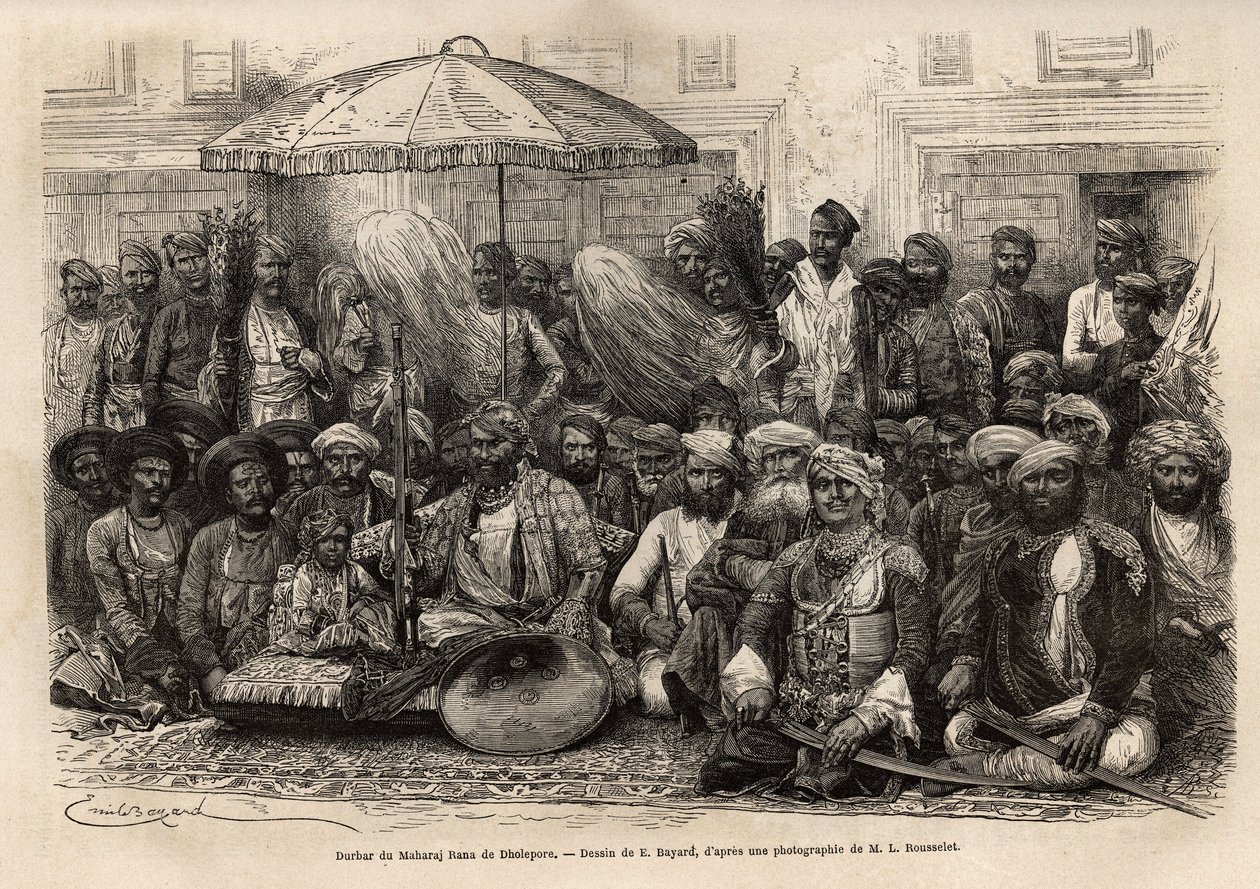Durbar (feodalt och juridiskt råd i en furstlig stat) i Maharaja Rana, i kungariket Dholepore (Rajasthan). Engravure pour illustrrer l