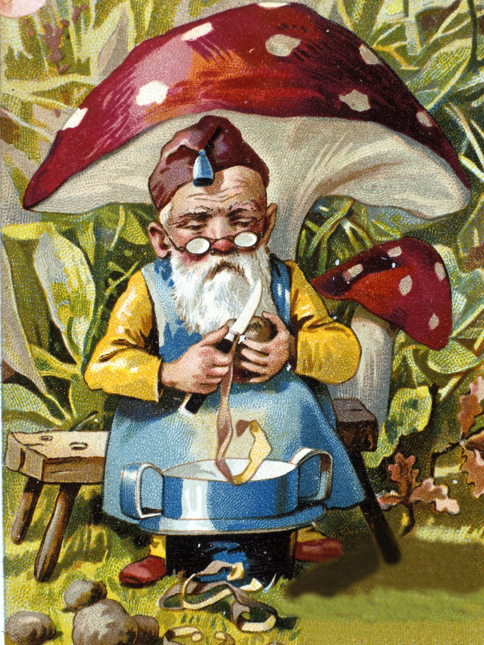 Dvärg eller farfadet potatisskalare. 1800-talets kromolitografi. av Unknown artist