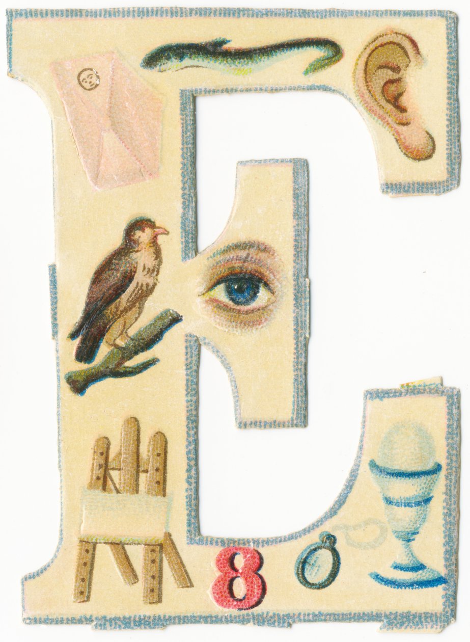 E: kuvert, ål, öra, örn, öga, staffli, åtta, glasögon, ägg (färg litho) av Unknown artist