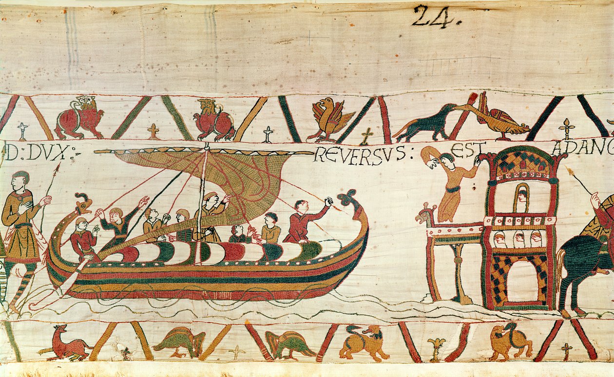 Earl Harold återvänder till England, Bayeux Tapestry (ullbroderi på linne) av Unknown artist