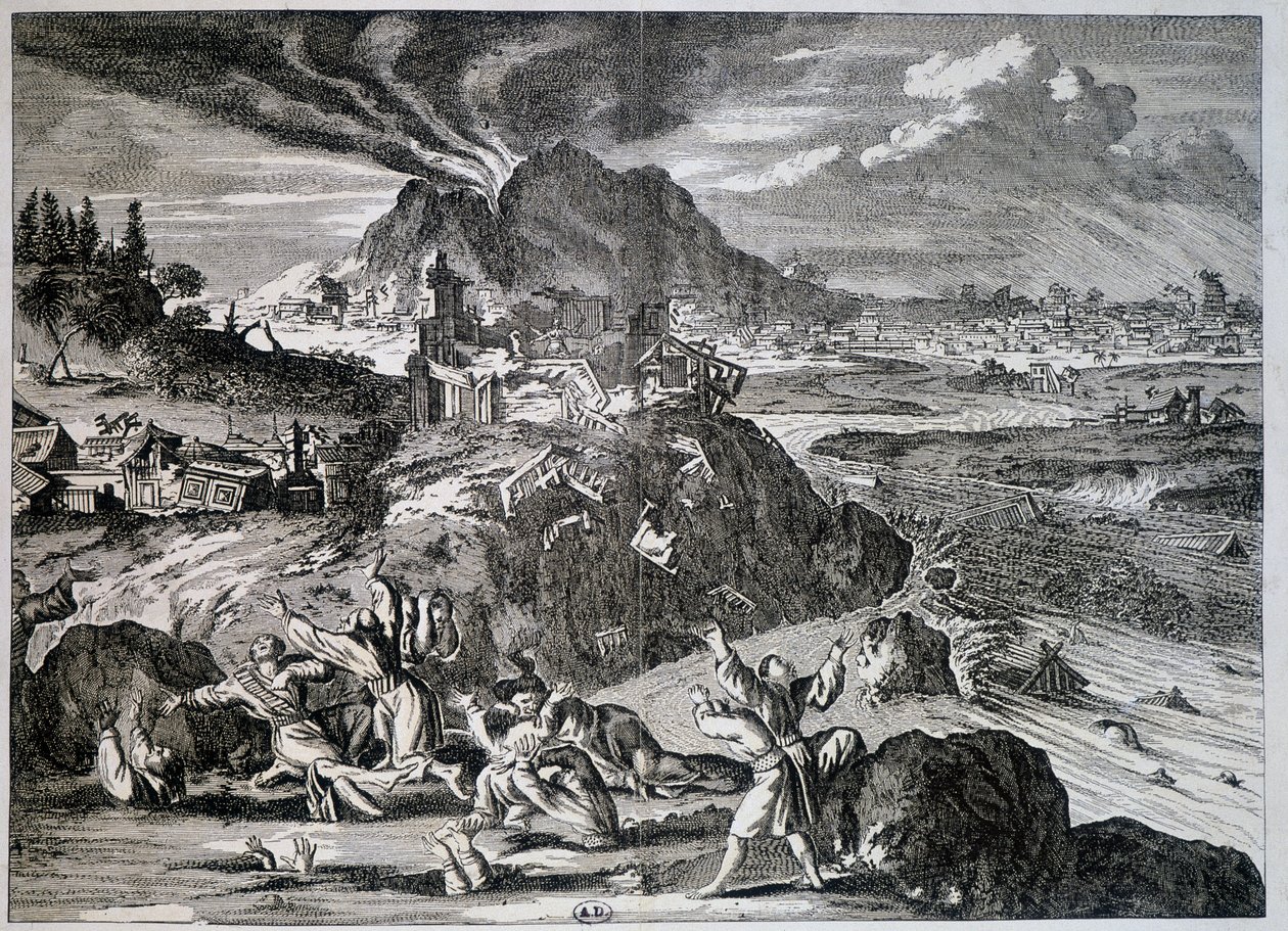 Jordbävning i Tokyo 1650 - gravyr av Unknown artist