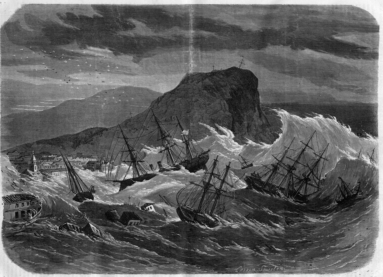 Jordbävning i Peru: tsunamin sänkte staden Arica i september 1869 - Gravyr i "" Le Journal Illustré"" av Unknown artist