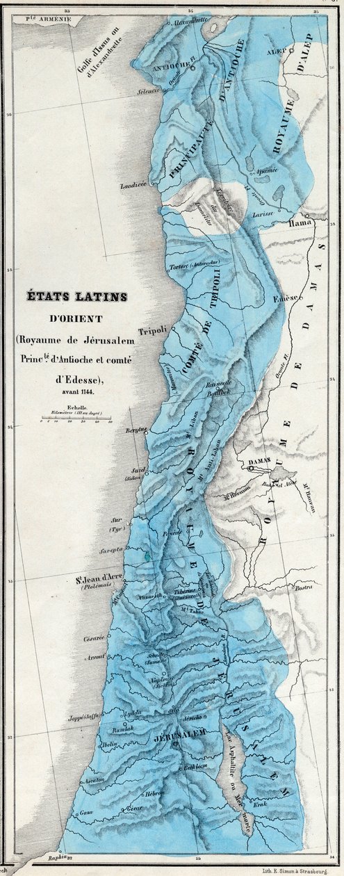 Östra Latinska staterna före 1144 - Kungariket Jerusalem - Principaut av Antiochia - Greve av Edessa - Karta utarbetad av M J-H Schnitzler, Historisk och pittoresk atlas 1858 av Unknown artist