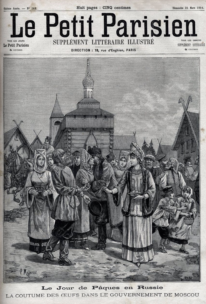 Påskdagen i Ryssland: seden med ägg i Moskva-regeringen. Hängslen från invånarna som erbjuder röda ägg för att fira Kristi uppståndelse. Gravyr i "" Le Parisien"" av Unknown artist