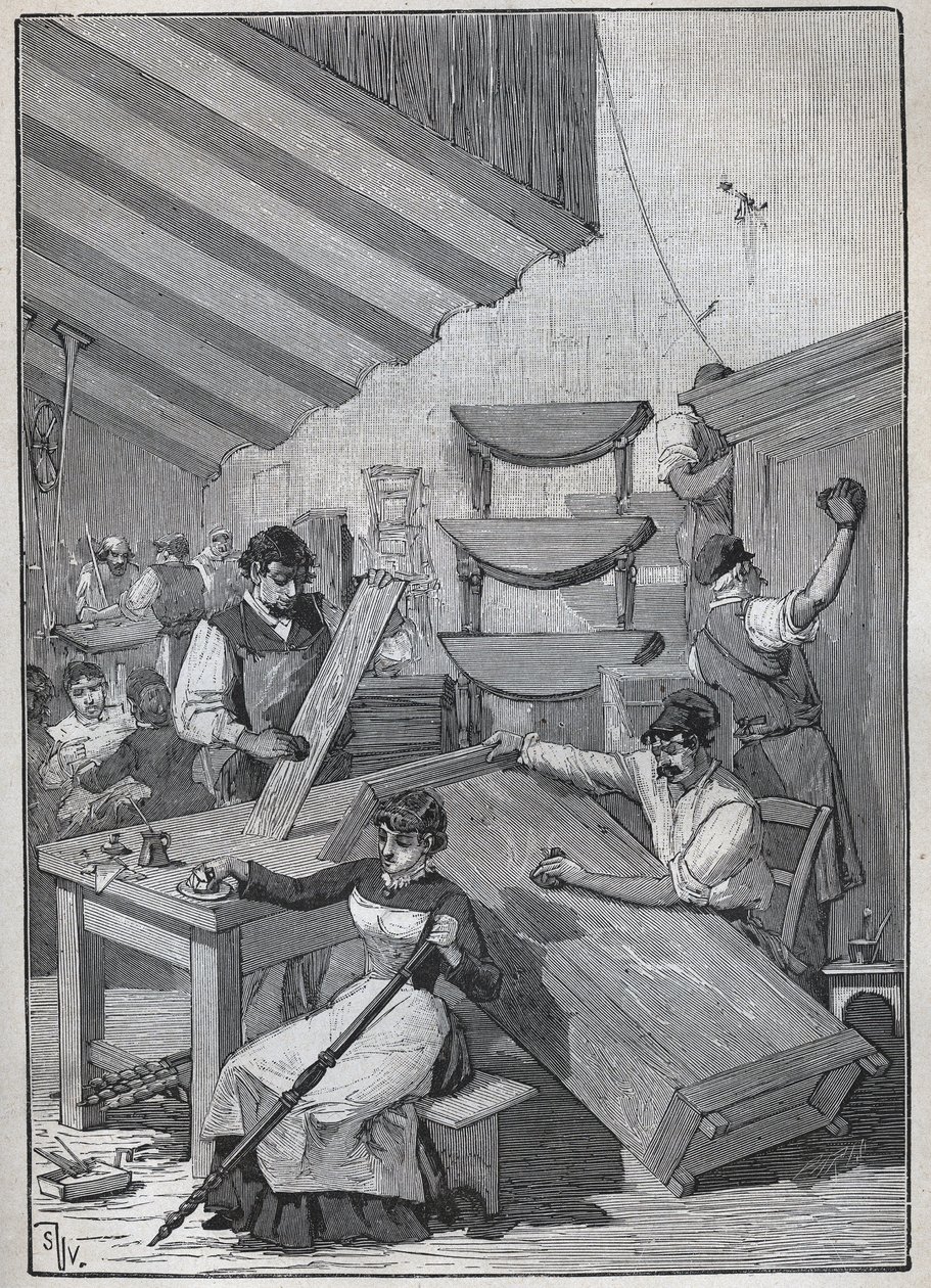 Ebenisterie: stämpellackeringsverkstad. Gravyr från 1885 i "" Les arts et metiers illustres"" av Adolphe BITARD. av Unknown artist