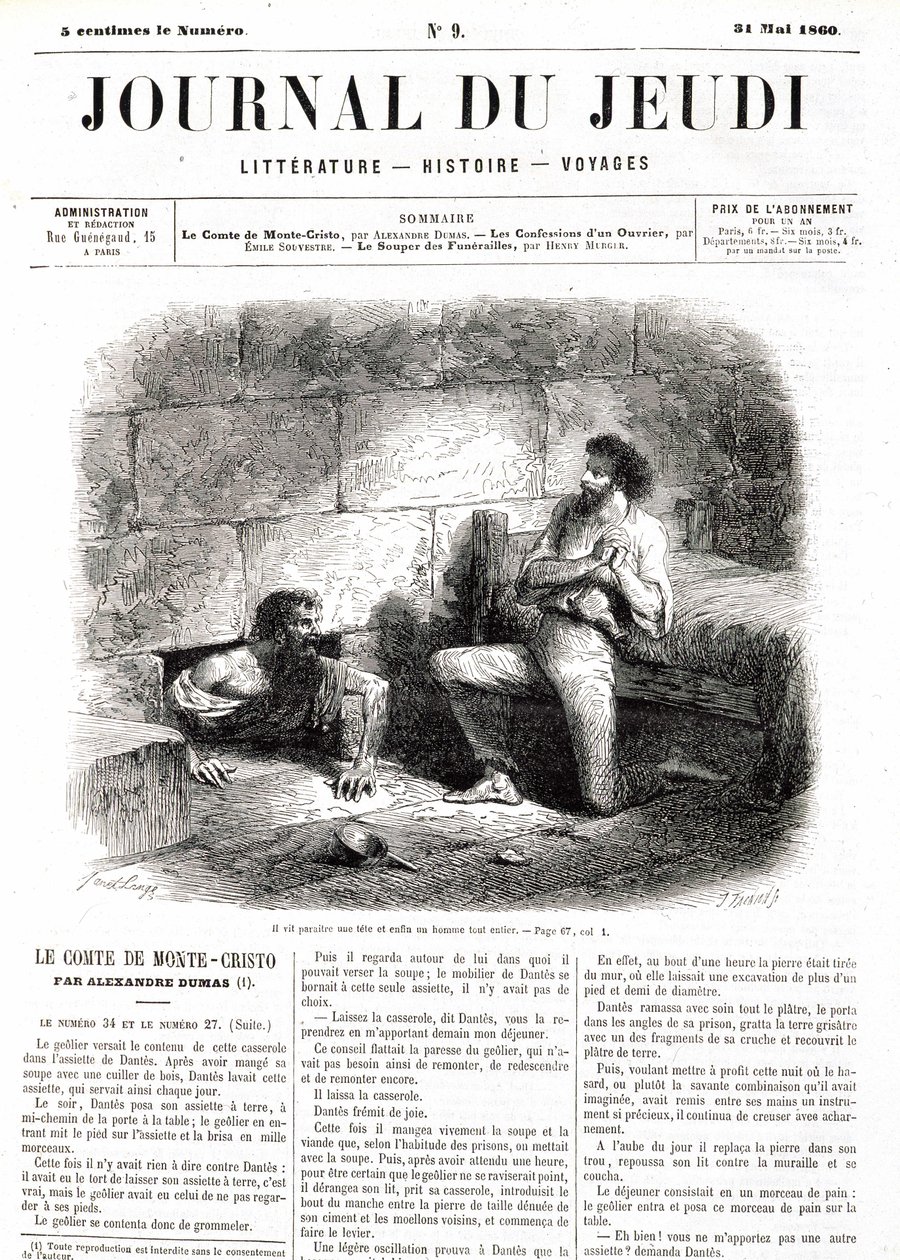 Edmond Dantes, greve av Monte Cristo (Monte Cristo) möter Abbe Faria tack vare den ihåliga tunneln i fängelset - i "" Le Journal du Thursdays""" av 1860-05-31 av Unknown artist