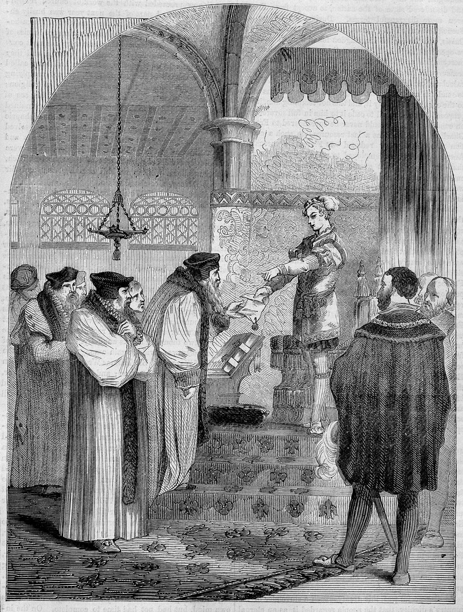 Edward VI (1547 -1553), kung av England, överlämnar Joan Bochers certifikat för ärkebiskop Cranmer av Unknown artist