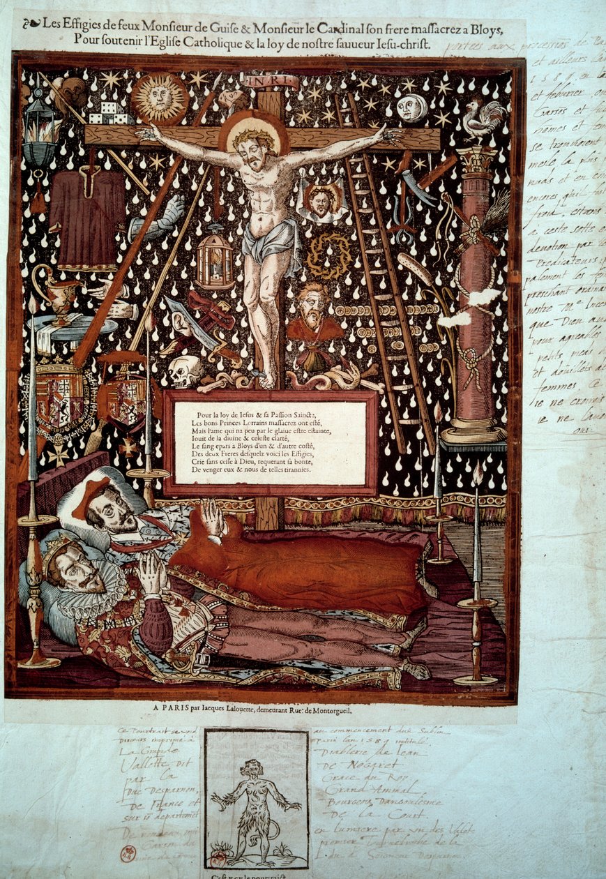 Bildningar av Henrik I av Lorraine, 3:e hertig av Guise (1550-1588) och av hans bror Ludvig II av Guise, kardinal av Lorraine (1555-1588) mördade i Blois den 23 och 24 december 1588 på order av Henrik III. 1500-talets Paris, B.N. av Unknown artist