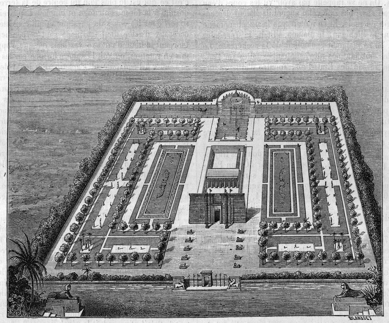 Egyptisk trädgård på faraonernas tid. Gravyr i "" Nature: genomgång av vetenskaperna och deras tillämpningar på konst och industri "" av 16 augusti 1879. av Unknown artist