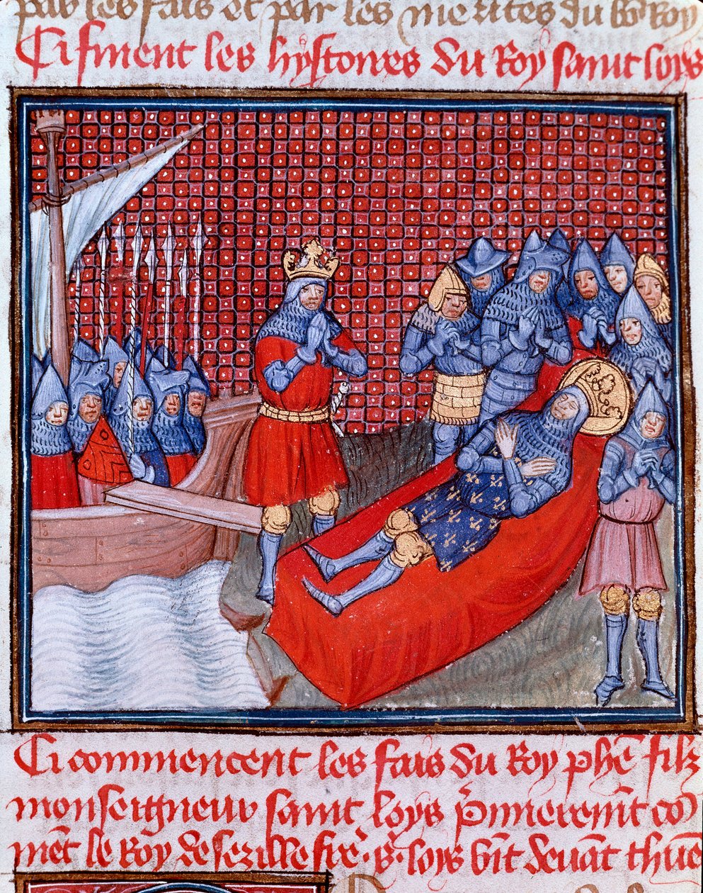 Åttonde korståget: "" Saint Louis död i Tunis den 25 augusti 1270"" Miniatyr hämtad från "" Les grandes Chronicles de France"" av Jean Froissart (1337-1400) Chantilly från 1400-talet, Musee Conde av Unknown artist