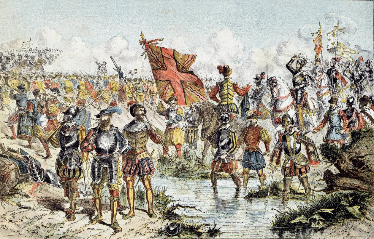 Åttonde religionskriget (1585-1598): slaget vid Ivry den 14/03/1590 mellan Henrik IV:s kungliga armé (som kommer att segra) och Katolska förbundet. Illustration av 1800-talet. Paris, Musee de l