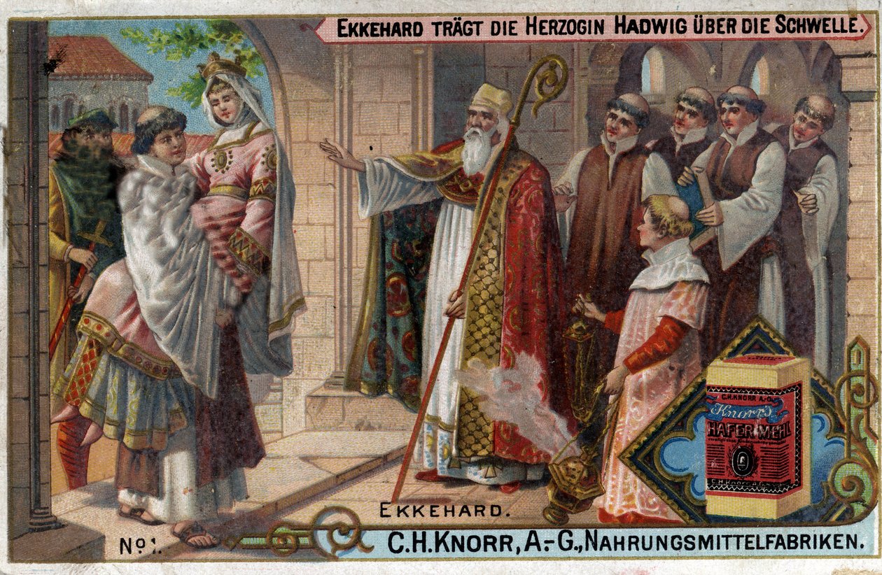 Ekkehard IV av St. Gallen (St. Gallen) eller Eckhard, Eckhart (980 -1057) ärdit och latinsk poet. Ekkehard får hertiginnan Hadwig att gå över tröskeln. av Unknown artist