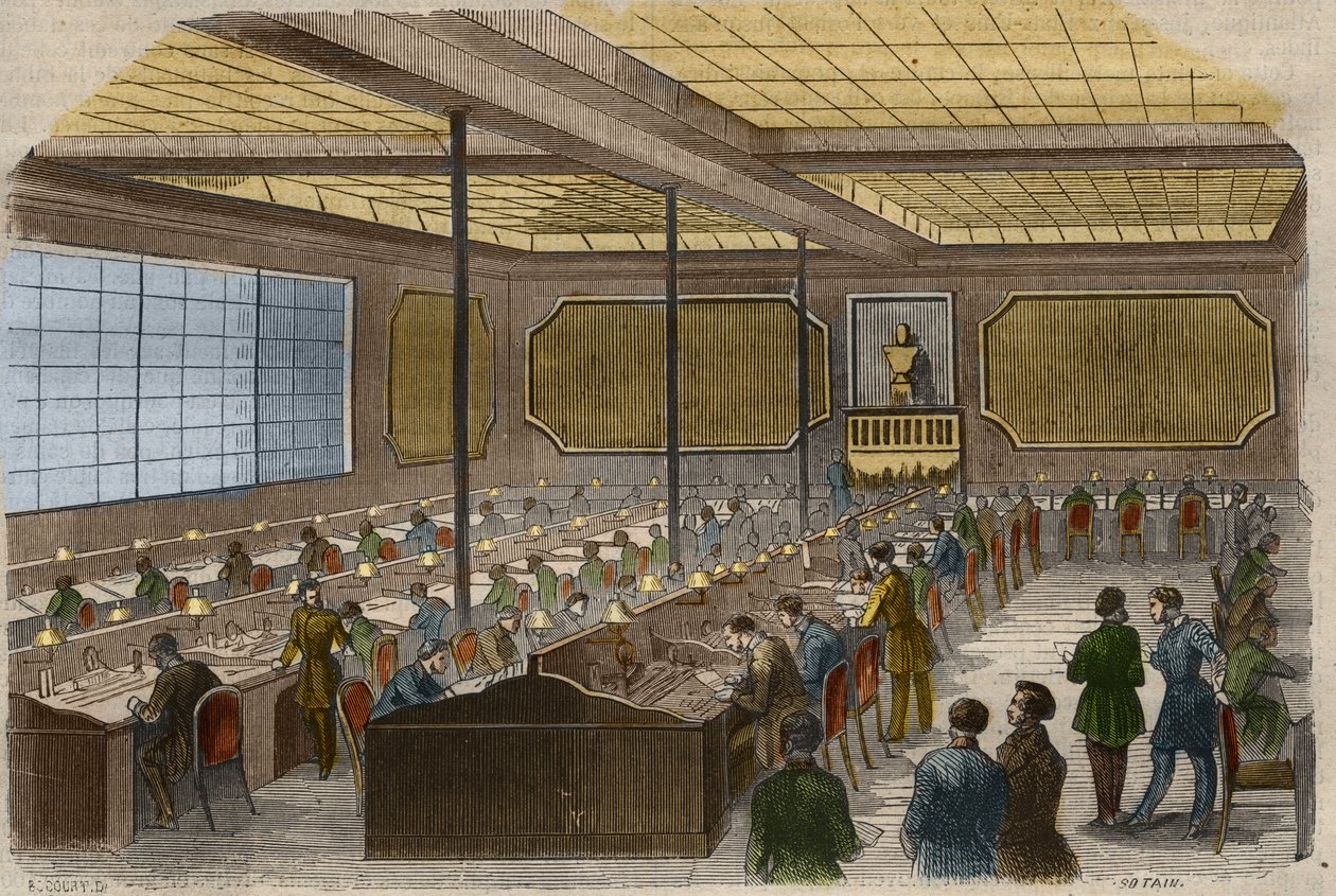 Elektrisk telegrafi: utsikt över centralstationen för telegrafiska linjer vid det franska inrikesministeriet i Paris. Gravyr från 1856 i "" Le Musee Des Sciences"" av Unknown artist