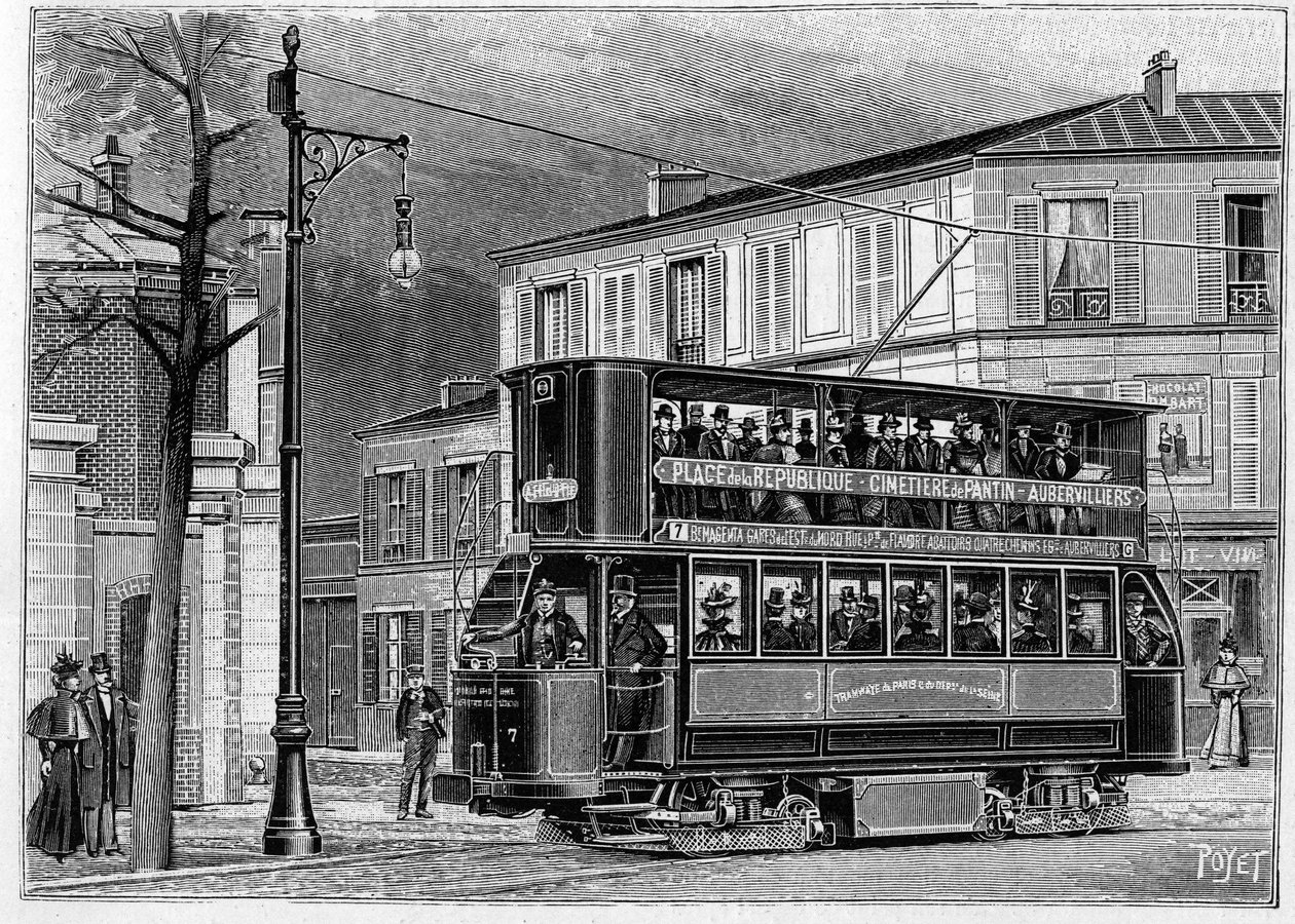 Elektriska spårvägar från Paris till Aubervilliers: utsikt över en luftvagn utanför Paris. Gravyr i "" Nature: granskning av vetenskaperna och deras tillämpningar på konst och industri "" av 25 juni 1898. av Unknown artist
