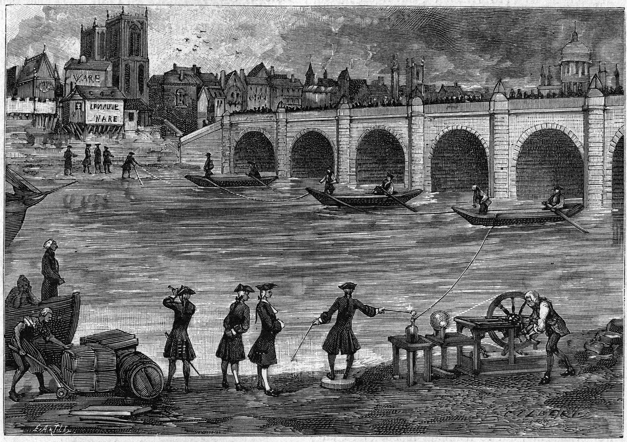 Elektricitetsexperiment utfört av William Watson (1715-1787), engelsk fysiker, på Themsens strand på 1700-talet. Gravyr i "" La Nature: revue des sciences et de leurs applications aux arts et a l