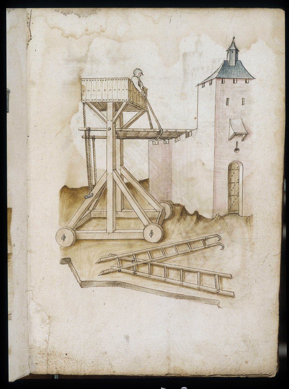 Höjdsystem och skalor - Manuskript: pergamentark av en ingenjörsmanual för konstruktion av civila, religiösa och militära byggnader, anonym, sent 1400-tal (figur med kinesiskt bläck) av Unknown artist