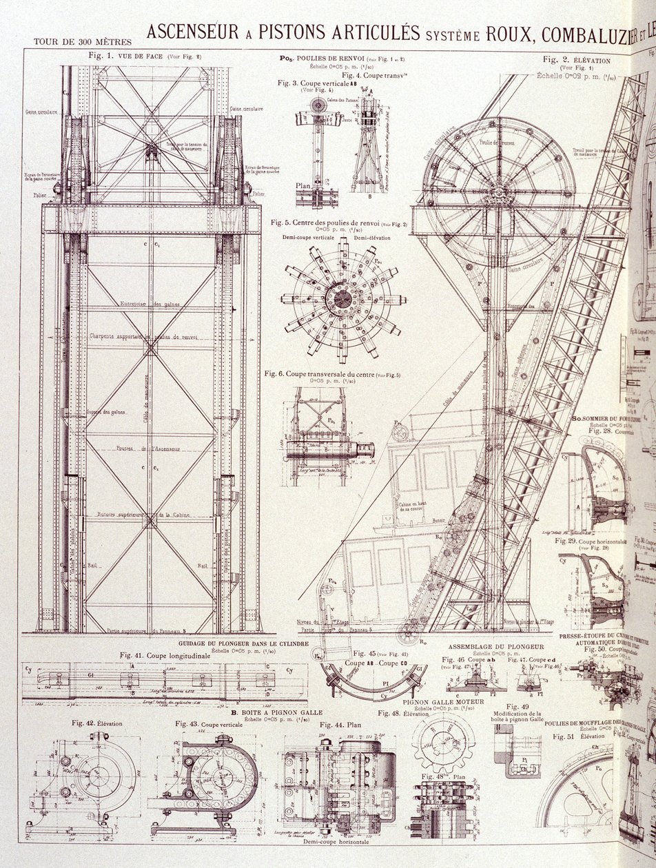 Hiss och ledade kolvar i Eiffeltornet (Roux-Combaluzier-system) - industriell design av Unknown artist