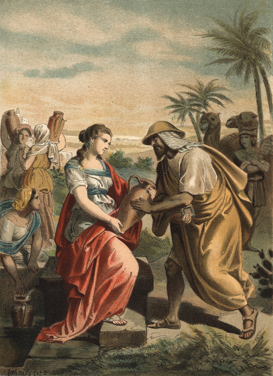 Eliezer, Abrahams tjänare, har precis hittat Rebeccas framtida hustru till Isaac. Gravyr av 1881.i "" Skönhetskulten"" av Juan Justo Huguet, Molinas Hermanos editores av Unknown artist