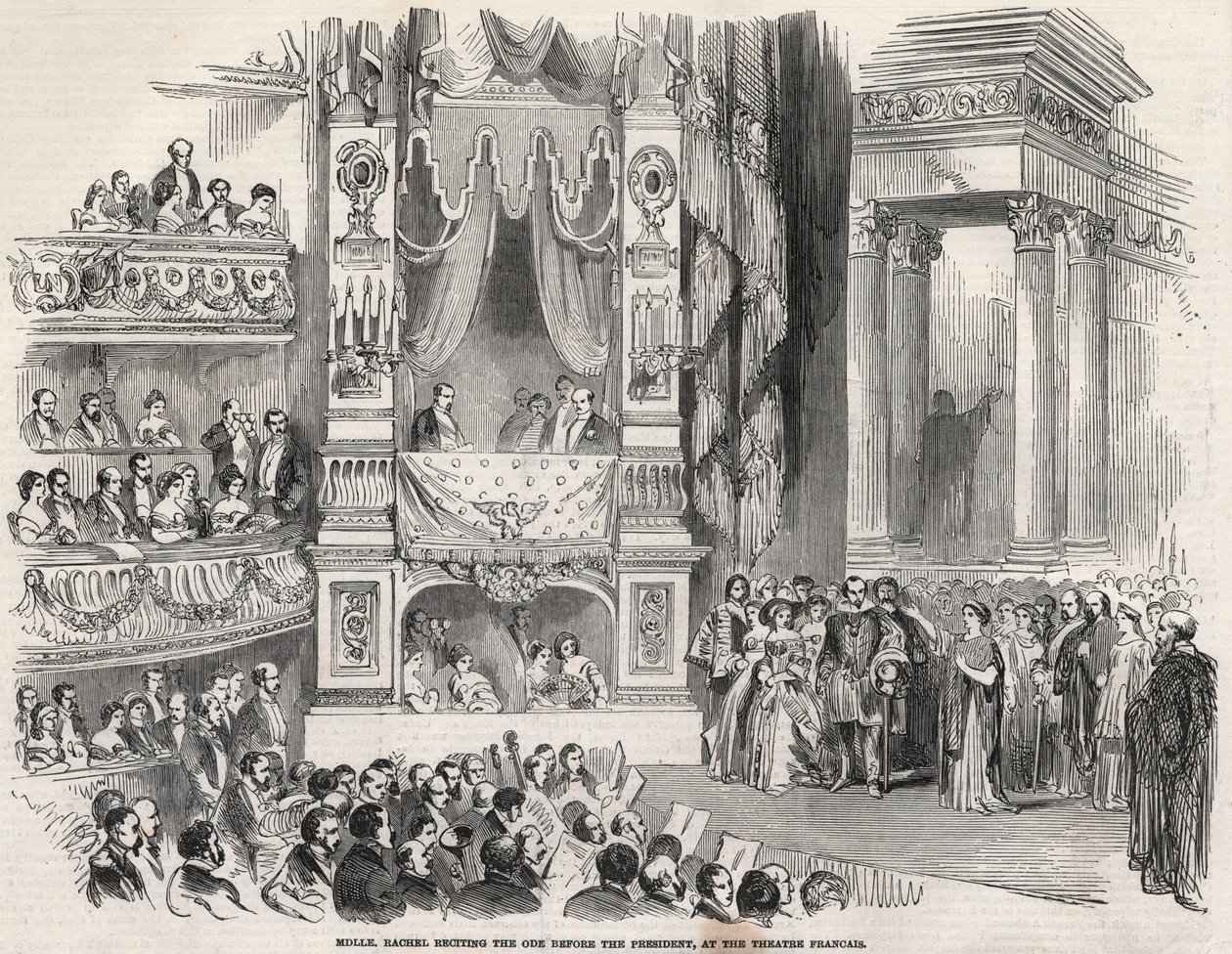 Elisabeth Rachel Felix, känd som Mademoiselle Rachel (1821-1858), fransk tragedienne, före Napoleon III på Theatre Francais 1852 - På tröskeln före tillkännagivandet av det andra imperiet förklarade Rachel vid Theatre Francais den 22 oktober 1852 av Unknown artist