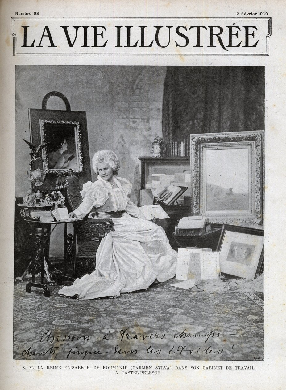 Elisabeth av Wied Drottning gemål av Rumänien 1843-1916 - Elisabeth de Wied - Elisabeth Pauline Ottilie Louise de Wied (känd som Carmen Sylvas penna), på hennes kontor i Castel Pelesch - omslag illustrerad från 1900 av Unknown artist