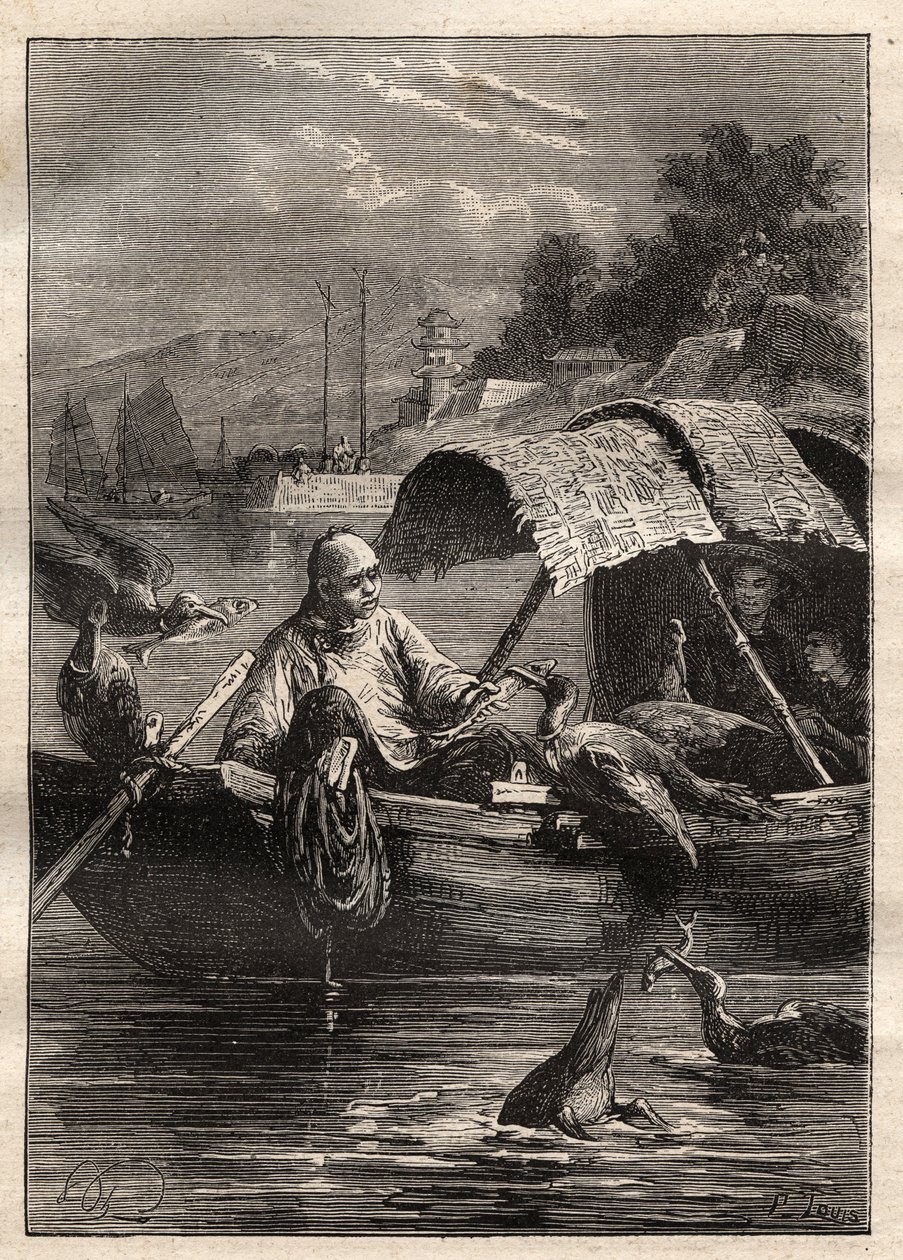 Lord George McCartneys ambassad (1737-1806) i Kina (1792-1793): Fågeln Leut-ze, står för fiske (skarvfiske) - illustration från "The Great Mariners of the 18th century" av Unknown artist