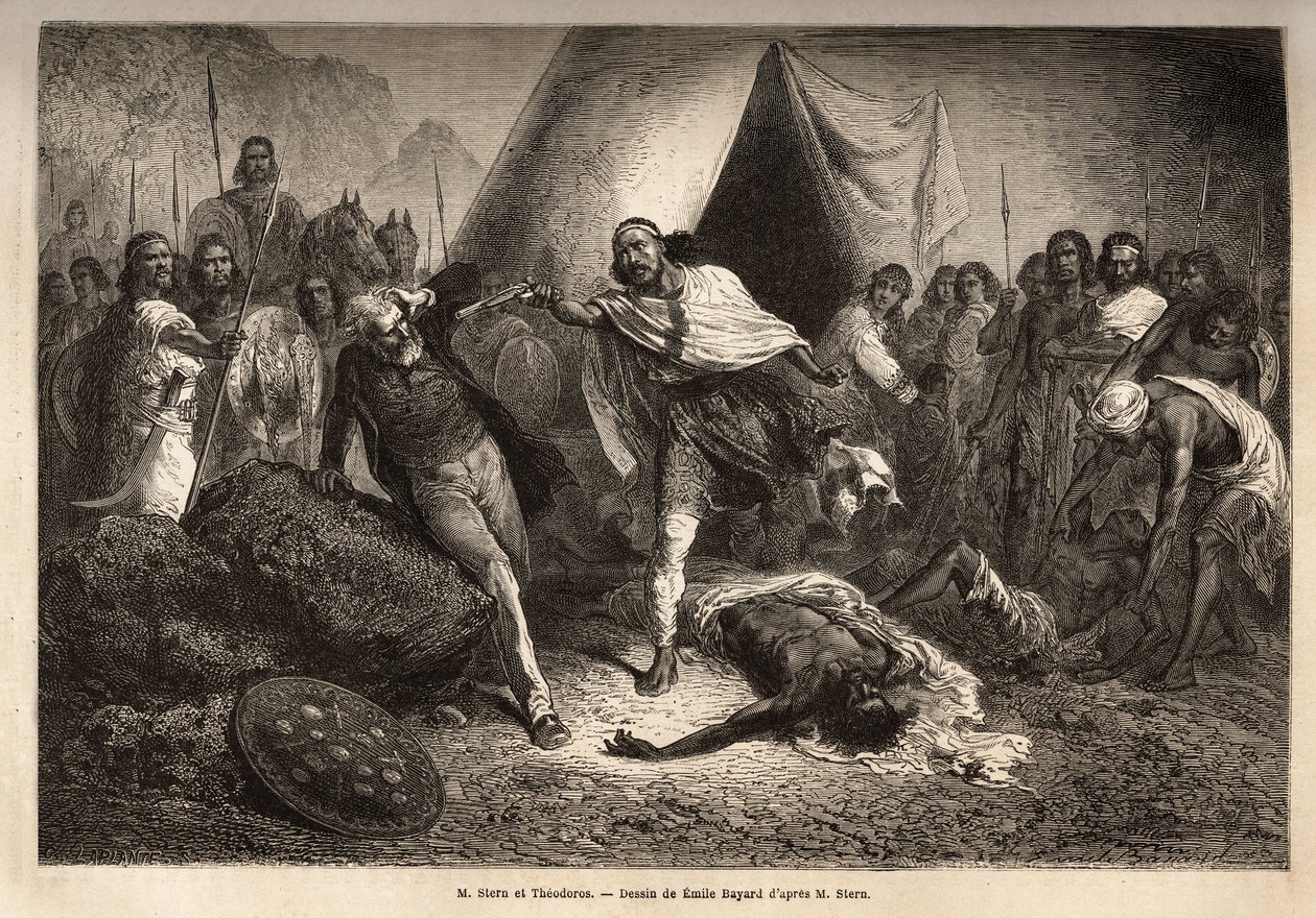 Kejsar (eller negus) Theodoros II (Tewodros) (född omkring 1818-1868, kallad Kassa Hailu före sin kröning på det etiopiska riket), hotade med sin pistol Mr. Stern, en engelsk missionär som återskapade en biografi om negus, genom vilken Theodoros kände föro av Unknown artist