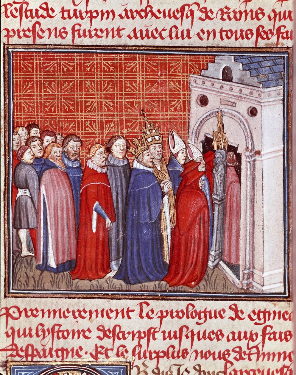 Kejsar Karl den Stores (742-814) kronor går in i en kyrka följt av miniatyrprelat från "" Les grandes Chronicles de France"" Chantilly från 1400-talet, Musee Conde av Unknown artist