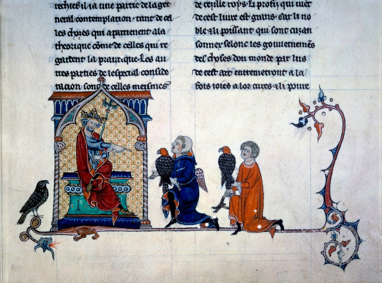 Kejsar Fredrik II (1194-1250) tar emot falkonerare i miniatyr från "Konsten att jaga med fåglar" av Unknown artist