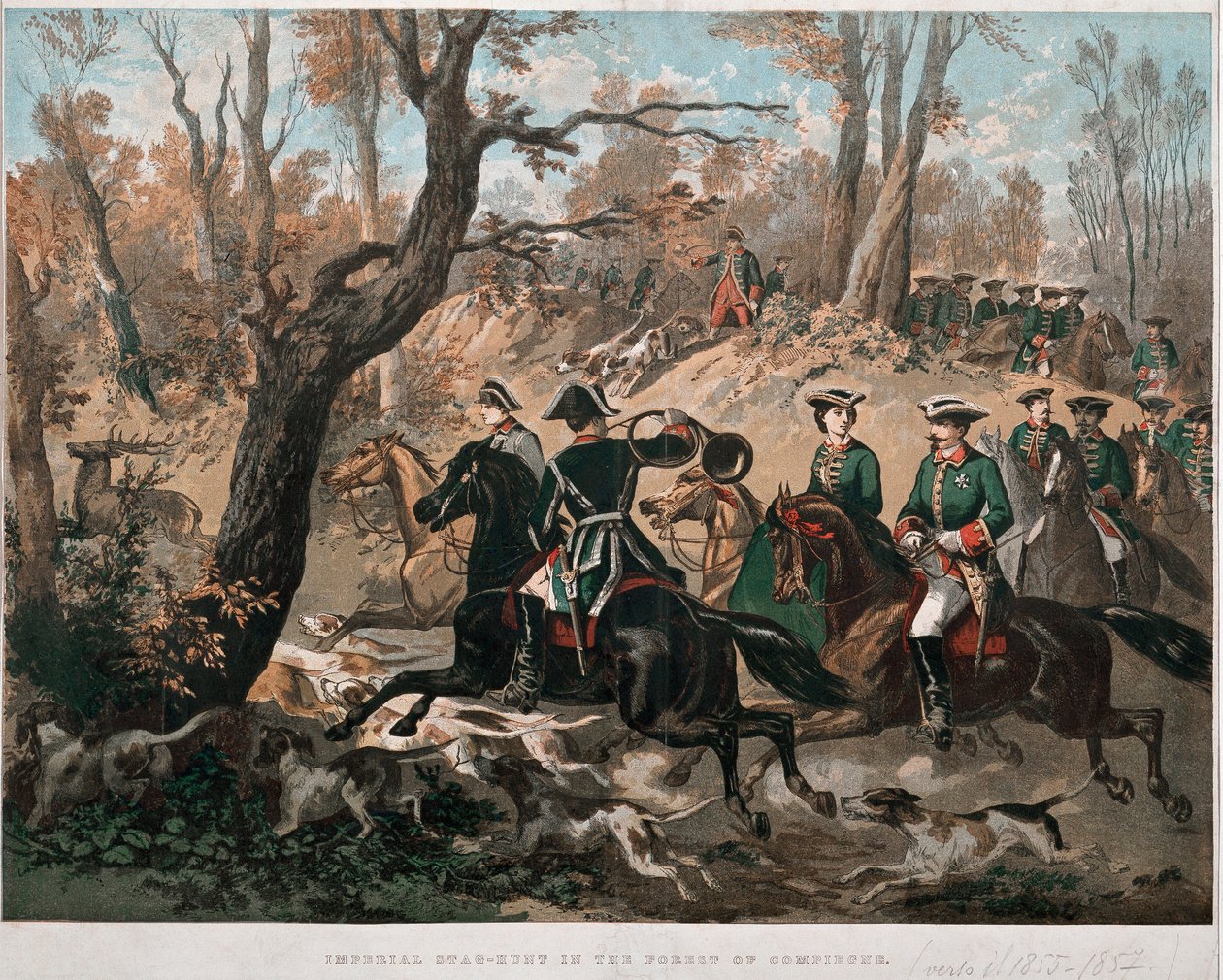 Kejsar Napoleon III (1808-1873) och hans hustru Eugenia de Montijo (1826-1920) vandrar genom skogen Compiegne Litografi i färg runt 1855 Milan Museo del Risorgimento av Unknown artist