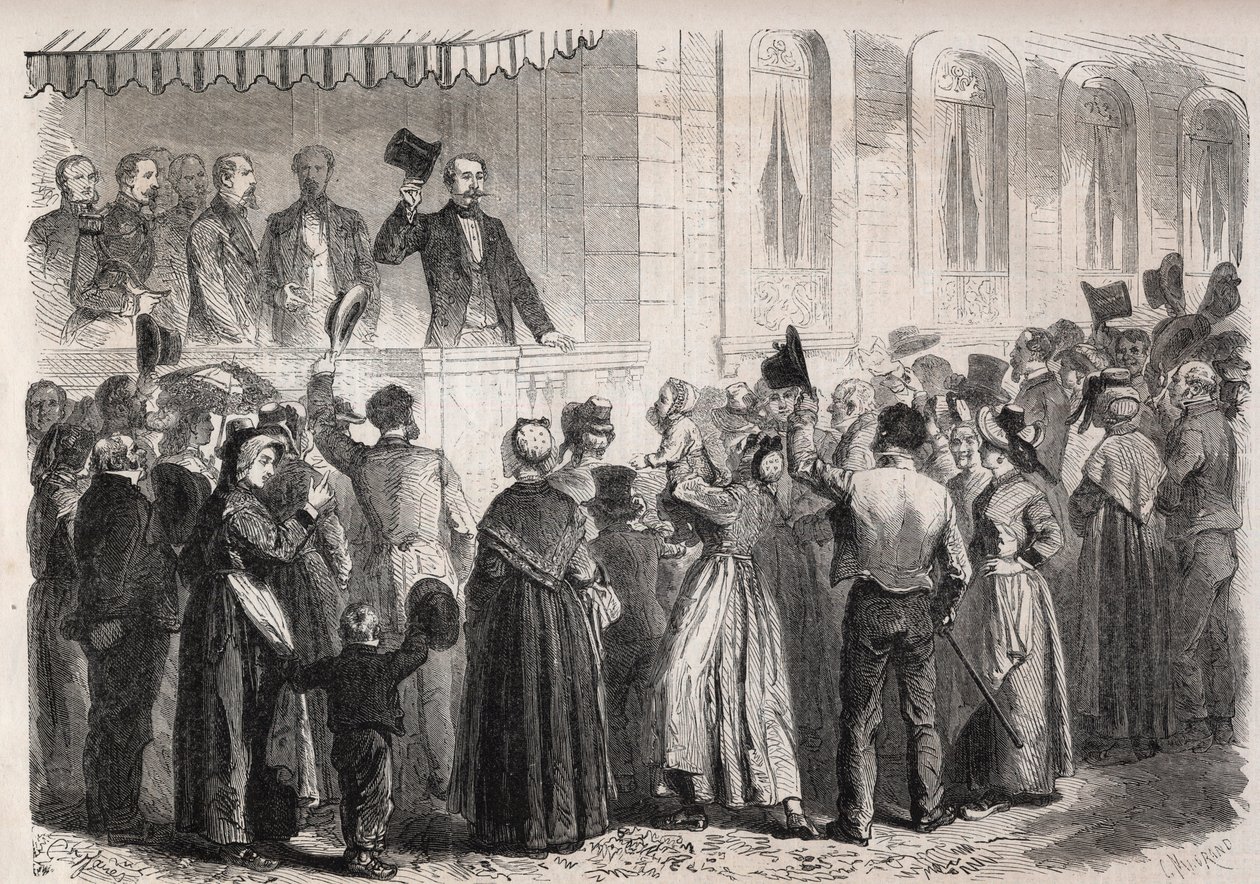 Kejsar Napoleon III (1808-1873) på terrassen till villan Strauss a Vichy, hälsad av folket på landsbygden söndagen den 7 juli 1861 - Gravyr i "" Den illustrerade världen" av Unknown artist