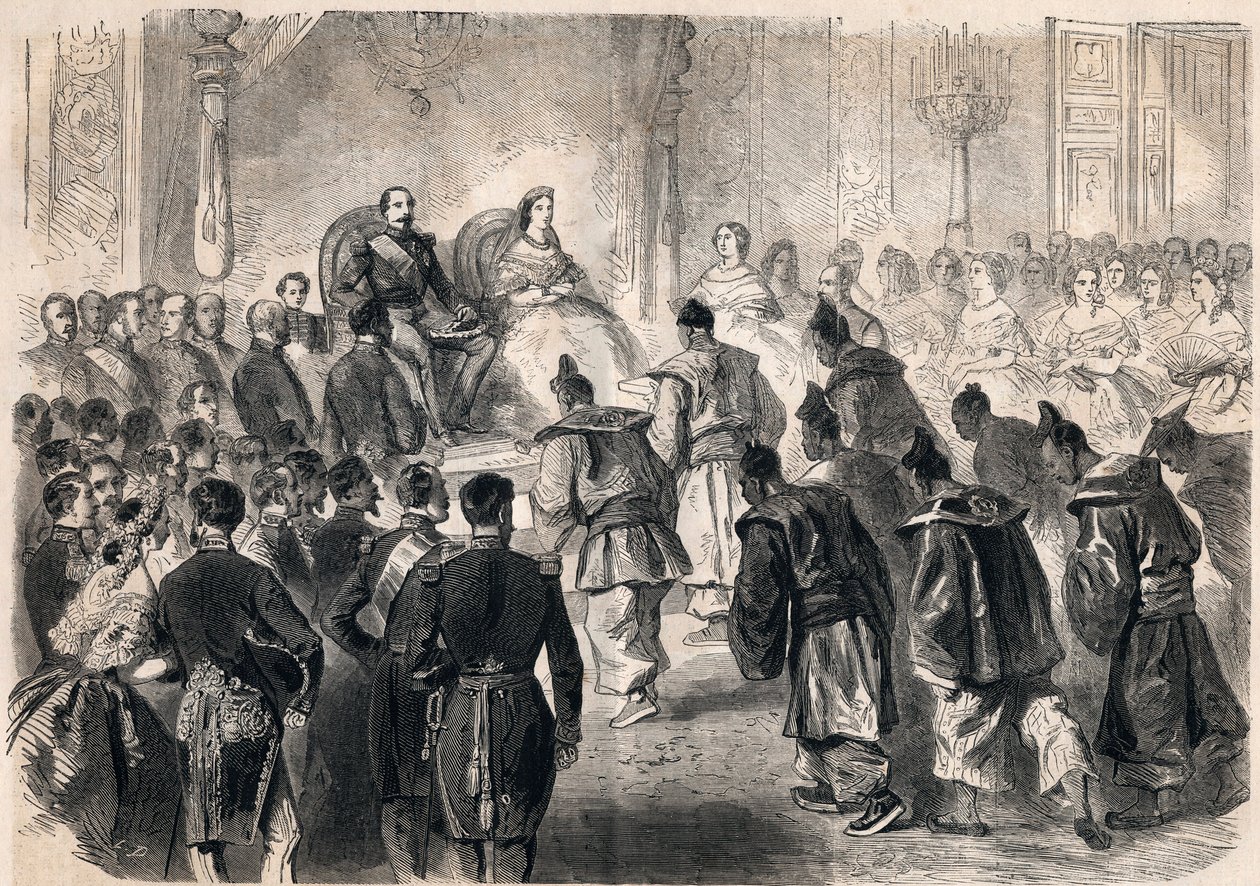 Kejsar Napoleon III och impress Eugenie de Montijo tog högtidligt emot de japanska ambassadörerna på Tuilerierna i Paris den 13 april 1862. Gravyr i "Le Monde illustrious"" från 1862. Privat samling. av Unknown artist