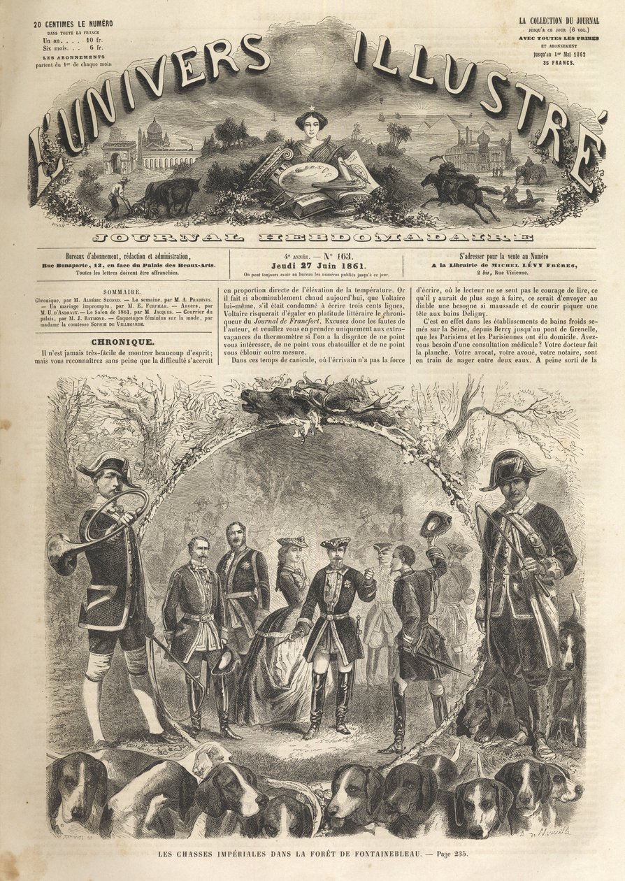 Kejsar Napoleon III på jakt i Fontainebleau - 1861 - Imperialjakt i Fontainebleau i närvaro av Napoleon III (1808-1873) och Imperatrice Eugenie (1826-1920). Det lysande universum 1861 - av Unknown artist