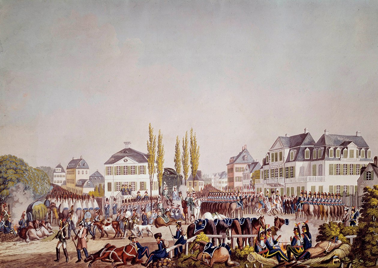 Kejsar Napoleon I (1769-1821) granskar trupperna i Frankfurt. Gravyr från 1813. Frankfurt, Historiskt museum av Unknown artist