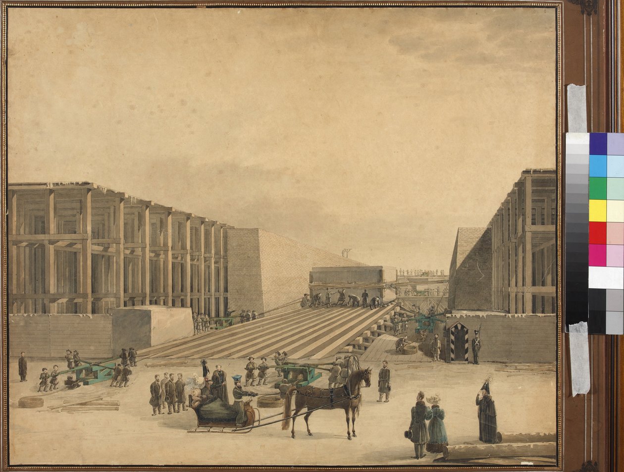 Kejsar Nicholas I besöker byggarbetsplatsen Alexander Column - Anonym. Akvarell på papper, efter 1836. Statens museum för Sankt Petersburgs historia av Unknown artist