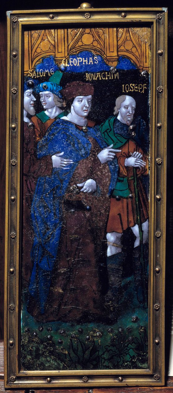 Emaljplatta som representerar de bibliska karaktärerna Salome, Cleophas, Joachim och Josef. E-post på brons troligen från 1500-talet. Dämpa. 0,26x0,11 m. Paris, Nationalmuseet för medeltiden, Thermes de Cluny av Unknown artist