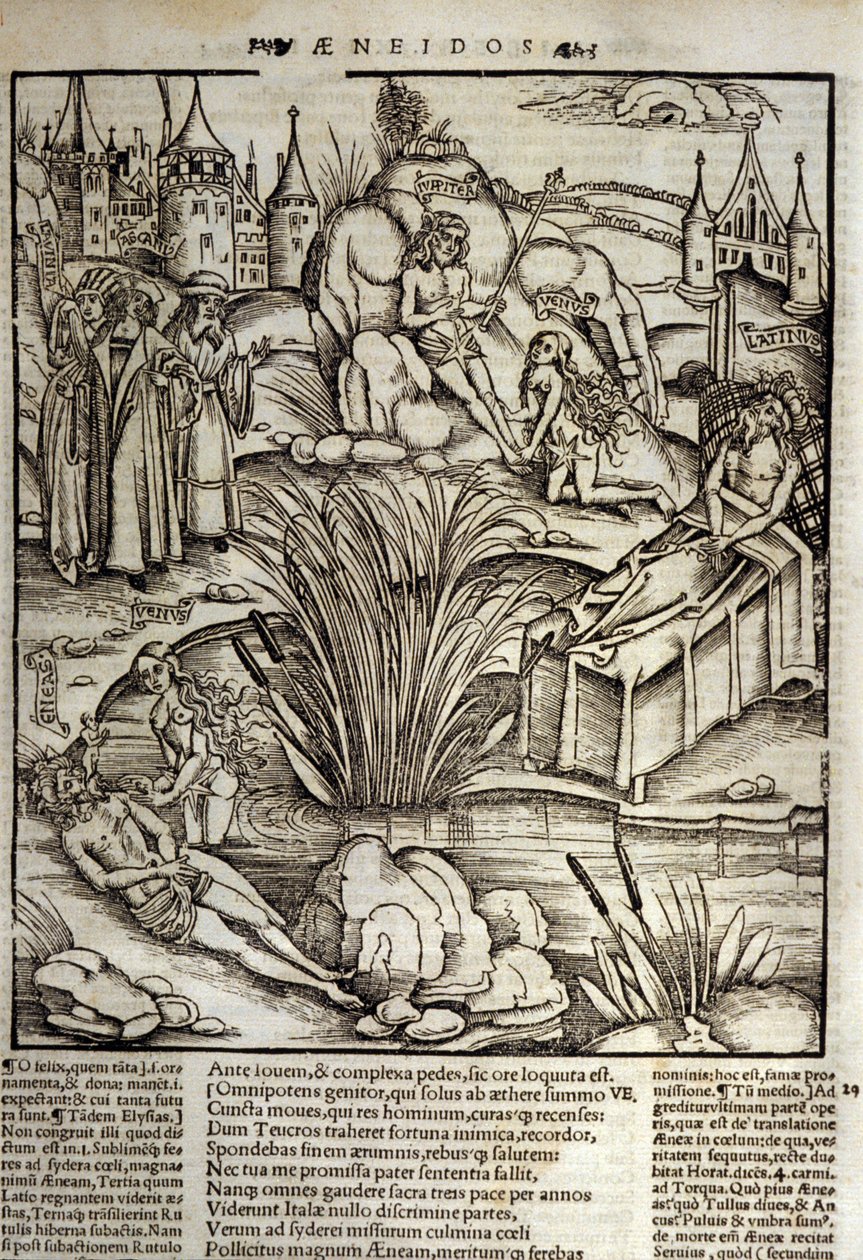 Eneide de Virgil (70 f.Kr.-19 f.Kr.), Bok XII, den trojanska hjälten Enee behandlas mirakulöst av Venus, han bestämde sig då för att storma staden Latinus. Kungen av Lazio dör (höger) och det är Enee som kommer att bli kungen som märger dottern till framli av Unknown artist