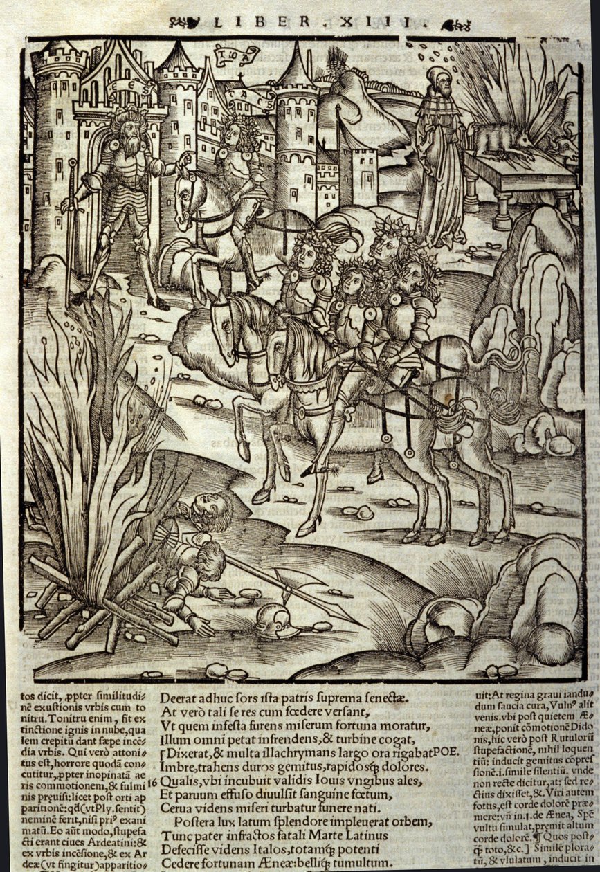 Eneide de Virgil (70 f.Kr.-19 f.Kr.), bok XIII (supplementum), de trojanska hjältarna Enee tar emot latinerna, uppoffringar görs för att hedra krigets offer. Xylografi av Sebastian Brant (1458-1521). Strasbourg av Unknown artist