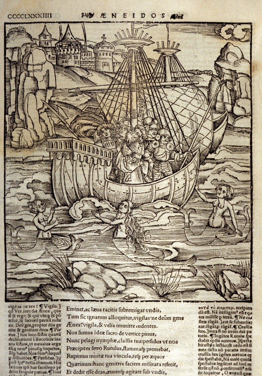 Eneide de Virgil (70 f.Kr.-19 f.Kr.), de trojanska hjältarna Enee och hans följeslagare korsar ett hav fullt av siren. Xylografi av Sebastian Brant (1458-1521). Strasbourg av Unknown artist