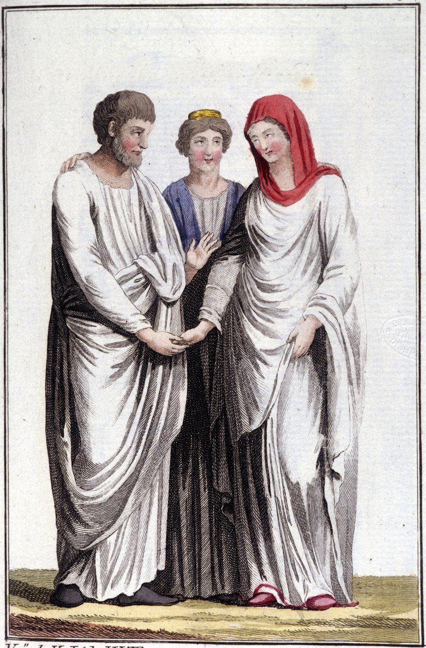 Förlovning eller löfte om äktenskap: dextrarum iunctio eller förening av raka händer. Gravyr av 1800-talet. av Unknown artist