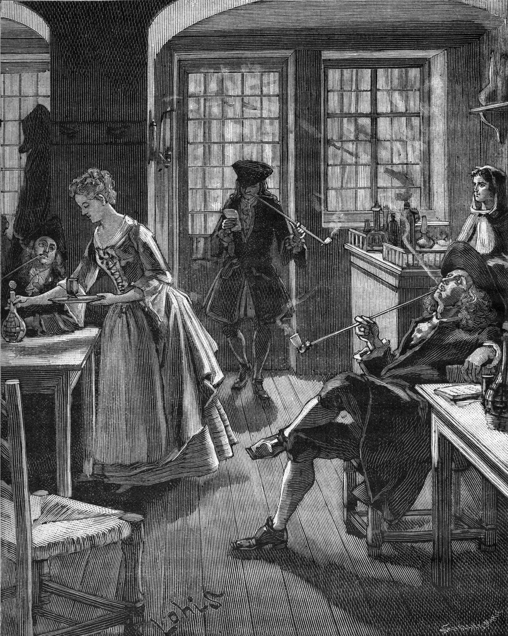 England, sent 1600-tal: män som röker på ett kafé. Gravyr av 1800-talet. I "Histoire de France" av Jules Michelet av Unknown artist
