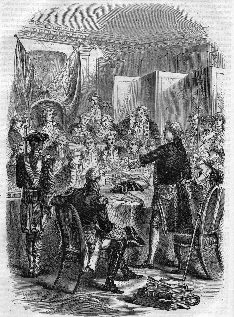 Engelske amiralen Augustus Keppel före krigsrådet efter SJÖSLAGNET VID OUESANT (100 nautiska mil väster om ön, under det amerikanska frihetskriget) den 27 juli 1778. av Unknown artist