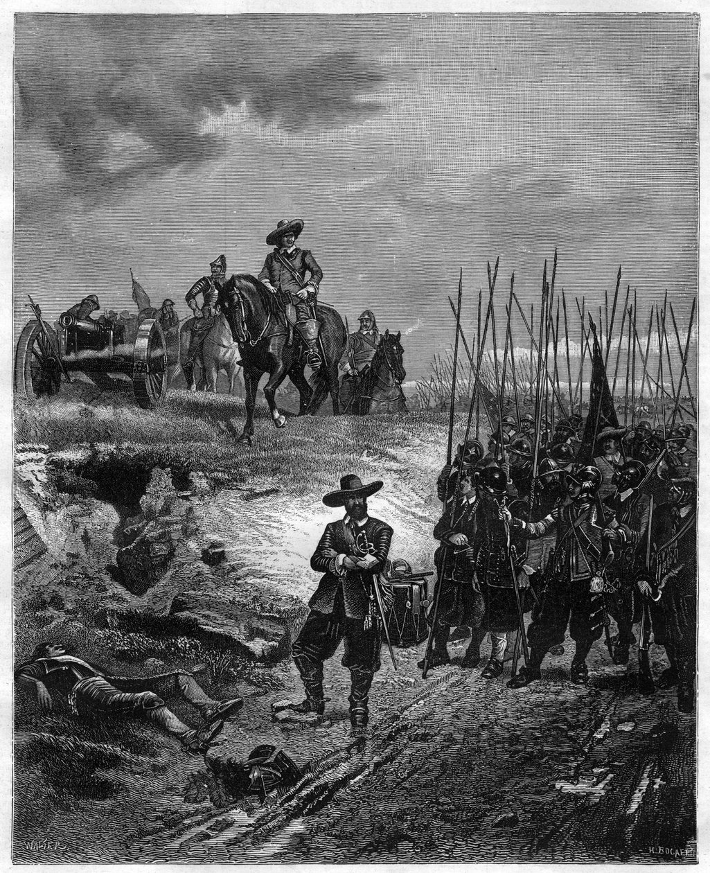 Engelska inbördeskrigen: Oliver Cromwell (1599-1658) vid slaget vid Marston Moor, 2 juli 1644 - Parlamentariker besegrade rojalister under prins Rupert. Gravyr från 1800-talet - Oliver Cromwell vid slaget vid Marston Moor den 2 juli 1644 under den första e av Unknown artist