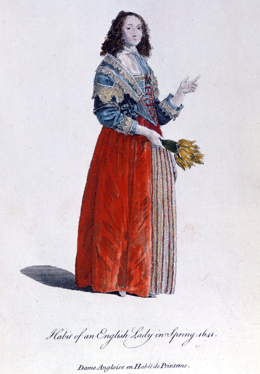Engelsk kvinna i vårklänning 1641. 1800-talsgravyr. av Unknown artist
