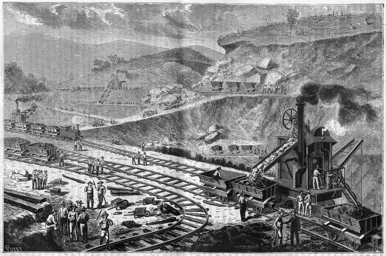 Gravyr från 1885 som visar arbetet med att borra näset i Panama. Vy över en av attackerna på Emperadors varv. av Unknown artist