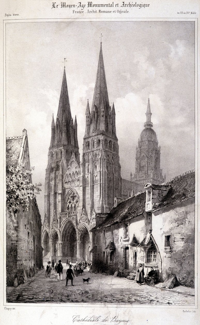 Gravyr av Bayeux-katedralen publicerad i "Den monumentala och arkeologiska medeltiden"". 1800-talet av Unknown artist