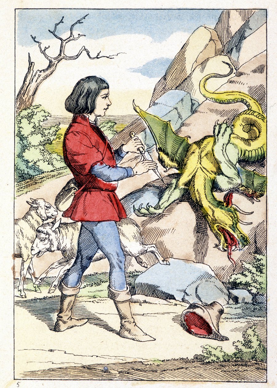 Gravyr som föreställer en pastor med en kniv redo att möta en drake. Odjuret stelnade så fort pastorn öppnade sin kniv. Saga av Charles Perrault: ""Flöjten och den förtrollade kniven"" av Unknown artist