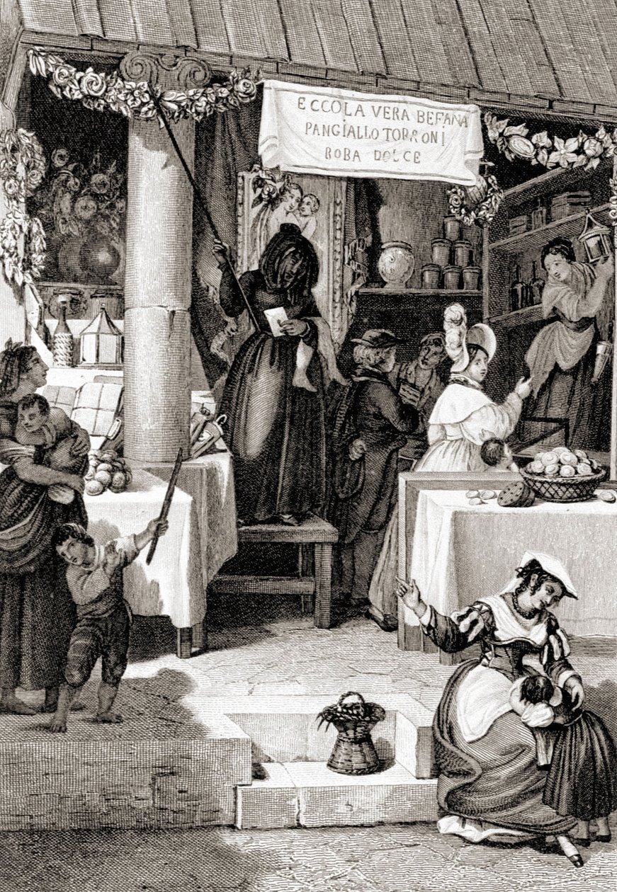 Gravyr som representerar Befana-festen. av Unknown artist