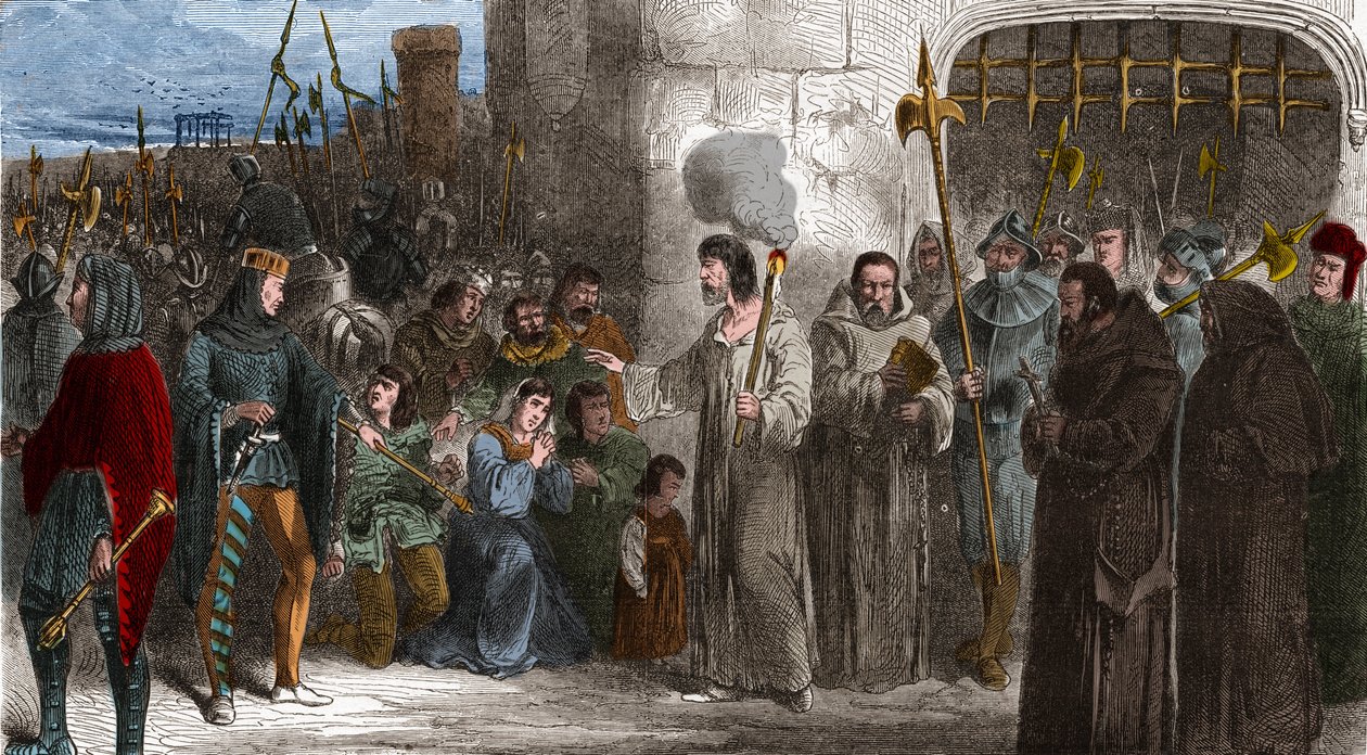 Enguerrand de Marigny (1260-1315) kammarherre och minister för kung Filip IV the Bel på väg till tortyr 1315. Gravyr i "" Histoire De France En Cent-målningar av Paul Lehugeur "" 1891 - Enguerrand de Marigny (1260-1315) kammarherre och minister i F av Unknown artist
