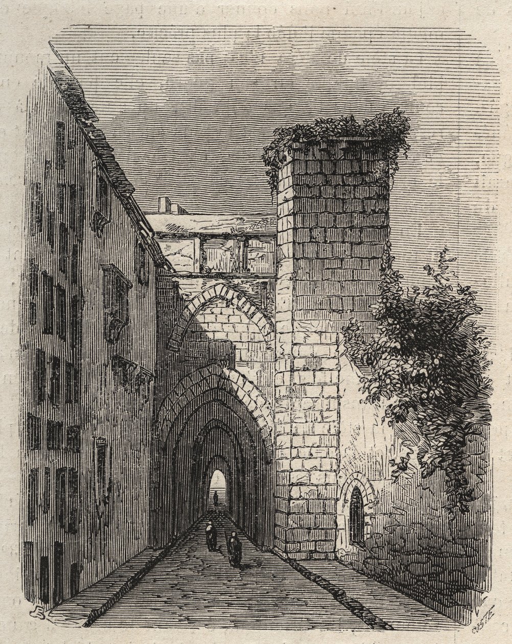 Ingången till den arabiska Medrese (gymnasiet) i Jerusalem där templets Mesha-stele begravdes - gravyr i "The Illustrious World"" i januari 1873 av Unknown artist